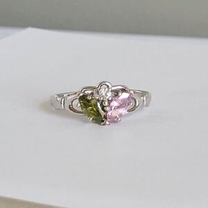 Boho Sterling Silver Claddagh Butterfly Peridot Pink Tourmaline Birthstone Ring